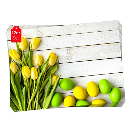 Tischset, Platzset - Ostereier mit gelben Tulpen - 12 Stück Made in Germany, 44x32cm aus speziellem Naturpapier in Aufbewahrungsmappe – die besondere Tischdeko für Frühling, Ostern & Blumen von Tischsetmacher