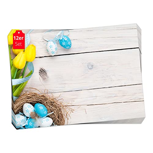 Tischset, Platzset - Osternest mit Tulpen - 12 Stück Made in Germany, 44x32cm aus speziellem Naturpapier in Aufbewahrungsmappe – die besondere Tischdeko für Frühling, Ostern & Blumen von Tischsetmacher