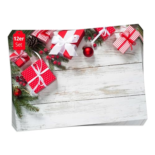 Tischsets I Platzsets Weihnachten Rote Weihnachtspäckchen und Tannenzweige - 12 Stück 44 x 32 cm in Aufbewahrungsmappe - Die besondere Tischdekoration für Weihnachten, Advent oder Weihnachtsfeier von Tischsetmacher