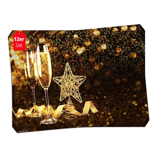 Tischsets I Platzsets - Silvester - Goldene Silvesterdeko mit Sektgläsern und Stern - 44x32 cm -12 Stück in Aufbewahrungsmappe - Die besondere Tischdekoration für Silvester von Tischsetmacher