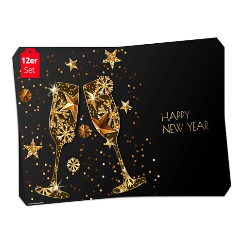 Tischsets I Platzsets - Silvester - Happy New Year - Sektgläser beim Anstoßen vor Goldener Winterdeko - 12 Stück in Mappe - Die besondere Tischdekoration für die Silvesterfeier von Tischsetmacher