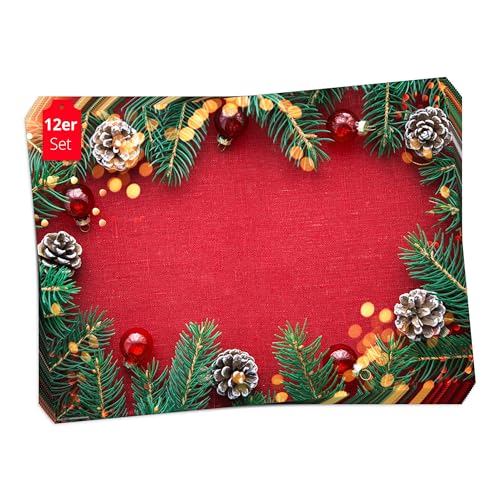 Tischsets I Platzsets Weihnachten Rote Weihnachtsdecke mit Tannenzweigen- 12 Stück 44 x 32 cm in Aufbewahrungsmappe - Die besondere Tischdekoration für Weihnachten, Advent oder Weihnachtsfeier von Tischsetmacher