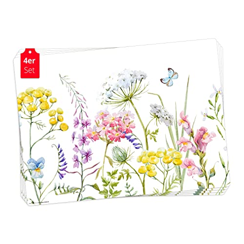 Tischsets | Platzsets abwaschbar – Blumenwiese Aquarell bunt – aus Premium Vinyl (Kunststoff – BPA-frei) - 4 Stück - 44 x 32 cm - rutschfeste Tischdekoration! von Tischsetmacher