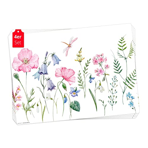 Tischsets | Platzsets abwaschbar – Blumenwiese Aquarel rosa – aus Premium Vinyl (Kunststoff – BPA-frei) - 4 Stück - 44 x 32 cm - rutschfeste Tischdekoration! von Tischsetmacher