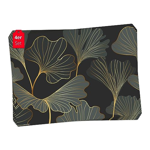 Tischsets | Platzsets abwaschbar – Ginkgoblätter in Gold und grün – 4 Stück – 44 x 32 cm – aus hochwertigem Vinyl von Tischsetmacher