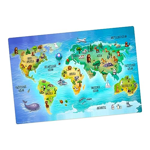Tischset | Platzset abwaschbar – Weltkarte in deutsch mit vielen Tieren – 44 x 30 cm – aus hochwertigem Vinyl Tischset | Platzset abwaschbar – Weltkarte in deutsch mit vielen Tieren – 44 x 30 cm – aus hochwertigem Vinyl von Tischsetmacher