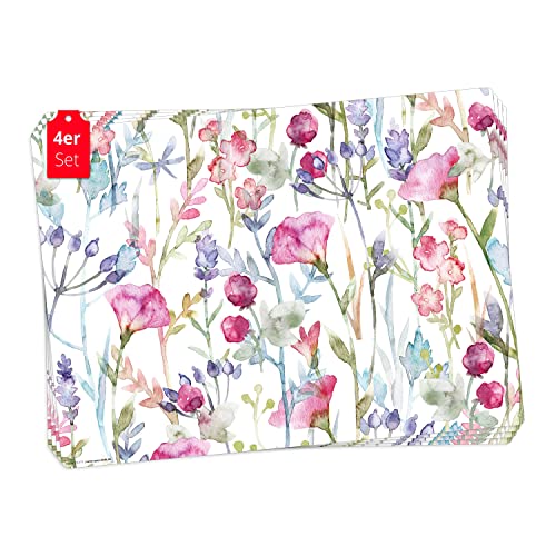 Tischsets | Platzsets abwaschbar – Wildblumen Aquarel – aus Premium Vinyl (Kunststoff – BPA-frei) - 4 Stück - 44 x 32 cm - rutschfeste Tischdekoration! von Tischsetmacher