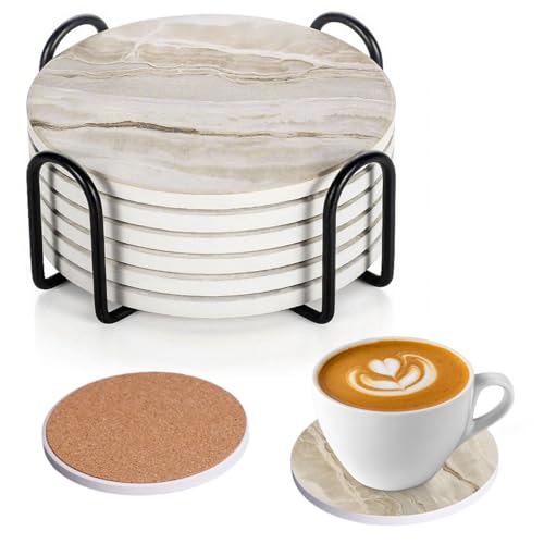 Tissting 6 Pcs Untersetzer, 10cm Runde Marmor Glasuntersetzer Keramik Untersetzer Set mit Halter, Saugfähig Korkboden Hitzebeständige Deko Tischuntersetzer für Getränke Kaffeetassen von Tissting