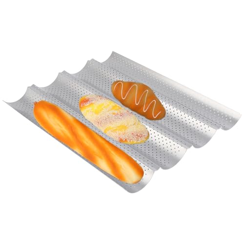 Tissting Baguette Backform 38cm Antihaftbeschichtung Kohlenstoffstahl Französische Brot Backblech Wellen Perforiertes Laibbrot Backform Baguetteblech für Home, Restaurant, Bäckerei(4 Mulden) von Tissting