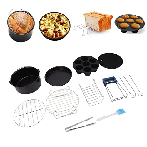 Heißluftfritteuse Ofen Zubehör Set, Set Mit 13 Antihaftbeschichteten Back Und Kochutensilien aus Edelstahl Mit Kuchenfass Pizzapfanne Cupcake,Pfanne, Grillrost, Silikonpad(16cm) von Tissting