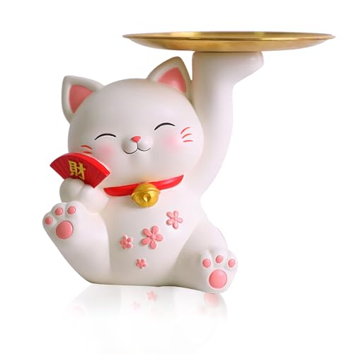 Holz Schlüssel Tablett für Eingangsbereich Tisch, Modernes Dekor aus Harz Glücks Katzen Tablett, Catchall Tablett mit 3 Ständer Hanging Organizer, für Ringe, Telefon, Armbänder(Fortune Cat Right) von Tissting