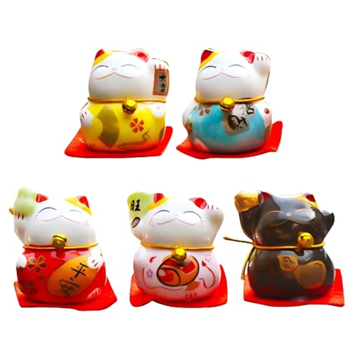 5er Set Chinesische Glückskatzen aus Keramik, Japanische Maneki Neko Glückskatzen Figuren, Glück Katze Figuren Kleine Niedliche Helle Farben Glättung Linien Maneki Neko Figuren für Auto Tisch von Tissting