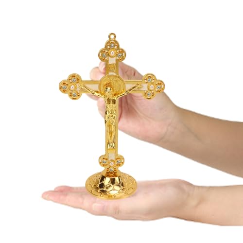 Tissting Kruzifix Stehendes Wand Deko Kreuz 15cm Gold Vintage Gravur Metall Katholisches Jesus Kreuz Tischdekoration Religiöse Geschenke Standkreuz Crucifix Wanddeko von Tissting