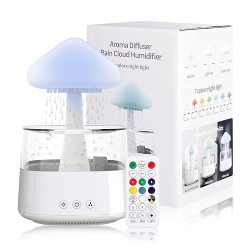 Regenwolken Luftbefeuchter,Humidifier 450 ml 3-in-1 Raumbefeuchter/Diffusor für ätherische Öle/7 Farben Nachtlicht Wassertropfen Luftbefeuchter mit Ferngesteuerter Wasserfalllampe von Tissting