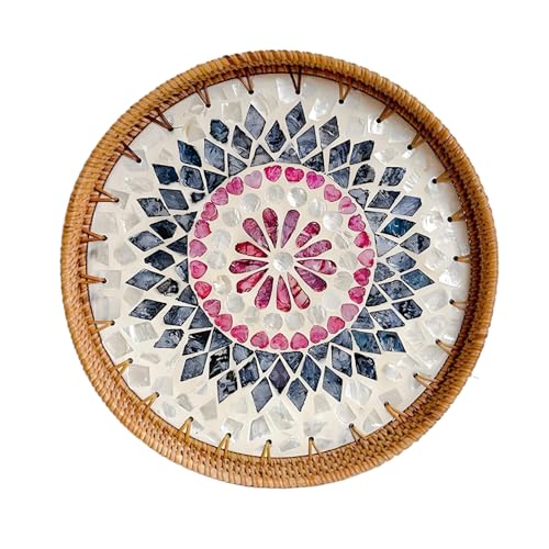 Rundes Rattan Tablett mit Perlmutt Inlay, Handgewebtes Dekoratives Perlmutte Rattan Serviertablett mit Holzboden, Boho Deko Tablett für Frühstück, Getränke, Snacks, Desserts, Früchten(Liebesblume) von Tissting