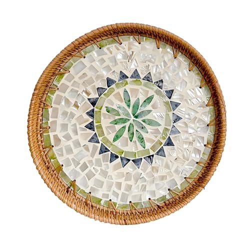 Rundes Rattan Tablett mit Perlmutt Inlay, Handgewebtes Dekoratives Perlmutte Rattan Serviertablett mit Holzboden, Boho Deko Tablett für Frühstück, Getränke, Snacks, Desserts, Früchten(Böhmen) von Tissting