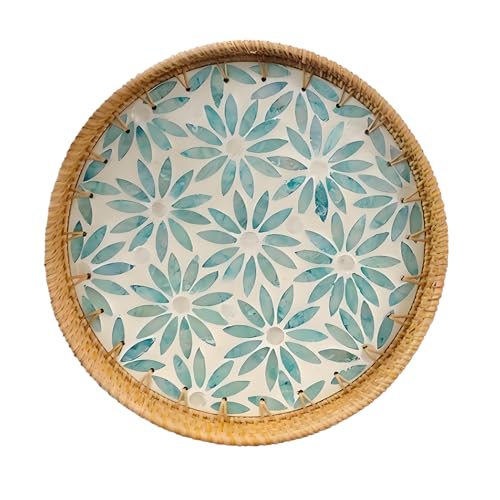 Rundes Rattan Tablett mit Perlmutt Inlay, Handgewebtes Dekoratives Perlmutte Rattan Serviertablett mit Holzboden, Boho Deko Tablett für Frühstück, Getränke, Snacks, Desserts, Früchten(Grüne Blume) von Tissting