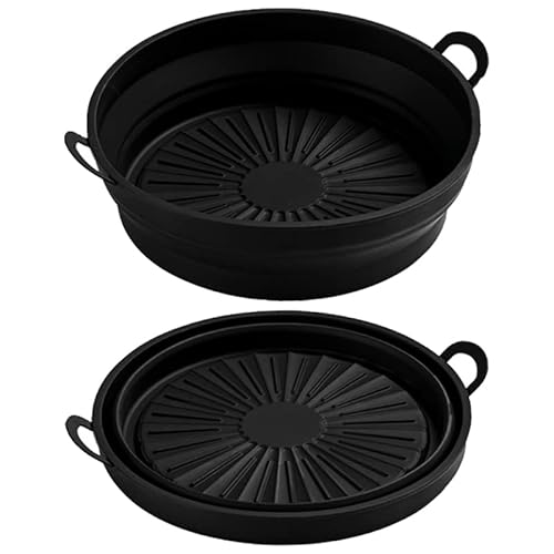 Tissting 2 Stück Faltbare Silikonform für Heißluftfritteuse, 21,6cm Rund Lebensmittelechter Luftfritteuse Silikontopf Airfryer Korb Silikon Backform für 3 bis 7 qt Luftfritteusen(Schwarz) von Tissting