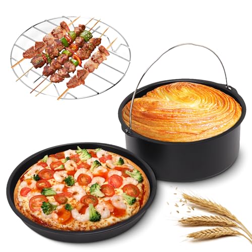 Tissting 3 Stück Heißluftfritteusen Zubehör Set, 20cm Edelstahl Luftfritteusen Kuchenform Pizza Pfanne Grill Air Fryer Kuchenpfanne Kuchenfass Ersatz von Tissting