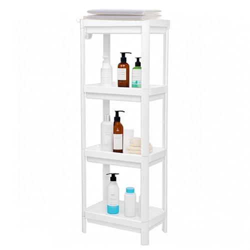 Tissting Badezimmer Regal, Badezimmer Turm Regal Freistehendes Kunststoffregal Organizer Multifunktionale Regaleinheit für Wohnzimmer Schlafzimmer Küche Weiß(4 Schichten) von Tissting