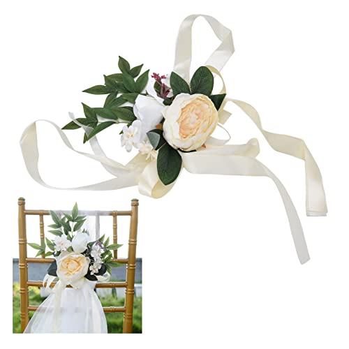 Tissting Hochzeitsstuhl Blumen, Künstliche Blumen Schmiedetuch Verhindern Ausbleichen Hochzeitsfeier Gefälschte Blumen Stuhl Deko für Hochzeit und Fotografie Requisiten(Milchig weiß) von Tissting