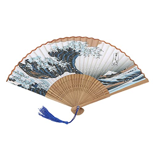 Tissting Klappfächer Japanische Stil mit Bambusdesign, Leichtes Faltbarer Fächer für Wohnkultur, Bürodekoration, Tanzaufführung und Hochzeitse (Blaue und blaue Quastens) von Tissting
