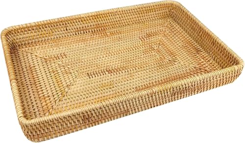 Tissting Rechteckiges Tablett aus Rattan, Rattan Serviertablett Obst Brot Servierkorb Braided Multi-Purpose Basket Handgewebter Brotkorb für Frühstück, Tee, Getränke(L, 14.6x9.1x2.0in) von Tissting