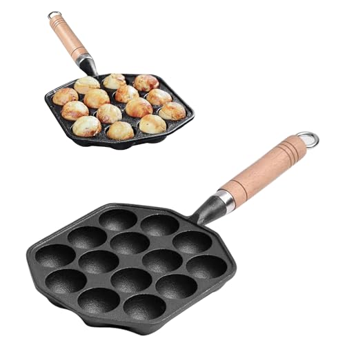 Tissting Takoyaki Pfanne Grillpfanne 14 Löcher 3,6cm Loch Antihaft Gusseisen Oktopus Pan mit Abnehmbarem Griff, Pancake Poffertjes Bratpfanne für Gasherd Induktionsherd Keramikkochfeld von Tissting