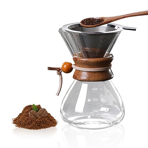 Pour Over Kaffeemaschine, 400ml Kaffeemaschine Karaffe Kaffeefilter Kaffee Edelstahl Handfilter, Hand Kaffee Handfilter aus Glas mit Permanentfilter, Kaffee Zubehör für 1-2 Tassen von Tissting