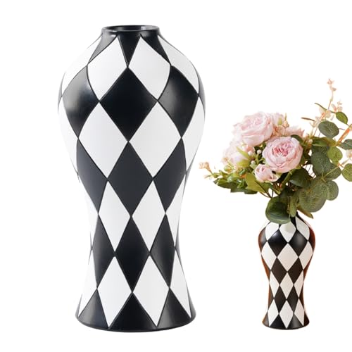 Tisujune Schwarz-Weiße Vasen,Moderne Vase | Karierter Harz Blumenbehälter Für Zuhause Wohnzimmer Küche Bad Deko von Tisujune