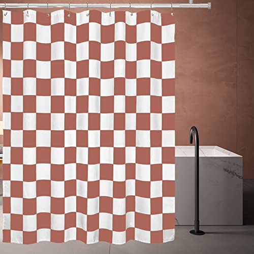 Tititex Ästhetischer Duschvorhang mit Schachbrett-Gittermuster, Weiß verblassendes Karamell, moderne Duschvorhang-Sets Dekoration 180 x 180 cm mit Haken von Tititex