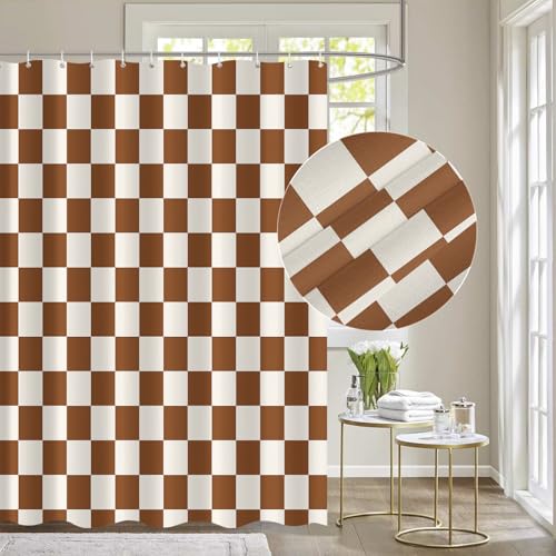 Tititex Ästhetischer Duschvorhang mit Schachbrettmuster, Beige, Karamellbraun, moderne Duschvorhang-Sets Dekoration, 180 x 198 cm, mit Haken von Tititex