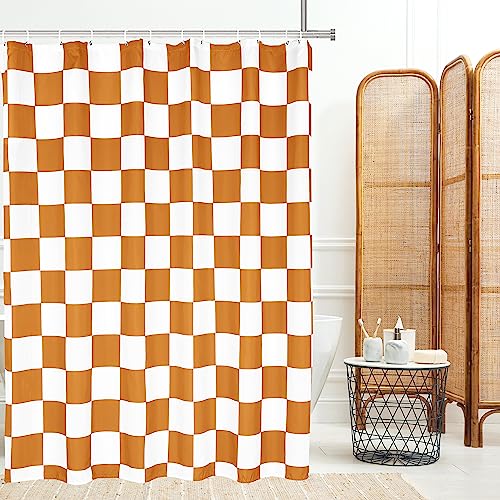 Tititex Ästhetischer Duschvorhang mit Schachbrettmuster, Weiß / Orange, lebendig, moderne Duschvorhang-Sets, Dekoration, 180 x 180 cm, mit Haken von Tititex