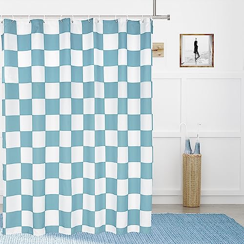 Tititex Duschvorhang mit Schachbrettmuster, Leinenimitat, modernes Duschvorhang-Set, Dekoration, 180 x 180 cm, mit 12 Haken, Weiß / Himmelblau von Tititex