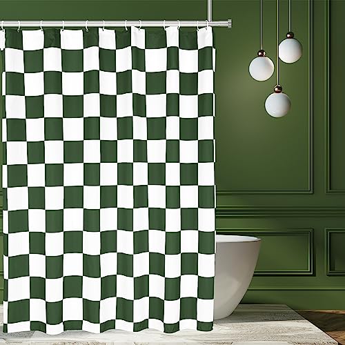 Tititex Ästhetischer Duschvorhang mit Schachbrettmuster, weiß, olivgrün, modern, 180 x 213 cm, mit Haken von Tititex