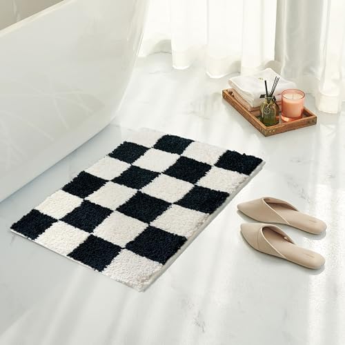 Tititex Luxuriöser Badezimmerteppich, kariertes Gittermuster, 40,6 x 61 cm, klassisches Schachbrett, extra weich und saugfähig, Mikrofaser, rutschfester Plüsch-Badteppich für Badezimmerboden, Schwarz Tititex Luxuriöser Badezimmerteppich, kariertes Gittermuster, 40,6 x 61 cm, klassisches Schachbrett, extra weich und saugfähig, Mikrofaser, rutschfester Plüsch-Badteppich für Badezimmerboden, Schwarz von Tititex