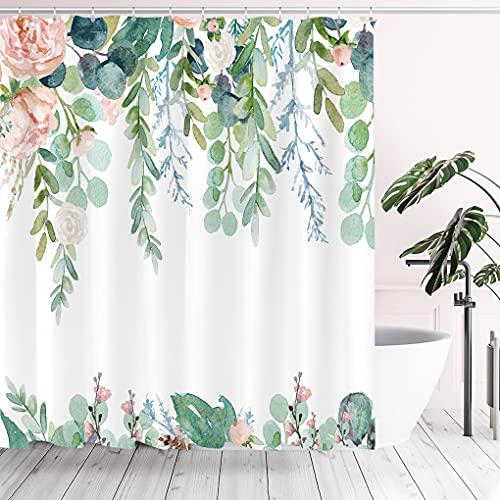 Tititex Duschvorhang-Sets, Wasserfarben-Sets, Wasserfarben, Rosa, Blumen, grüne Blätter, tropisches Badezimmer, dekorativ, 178 x 178 cm, Polyester, wasserdichter Stoff mit Haken von Tititex