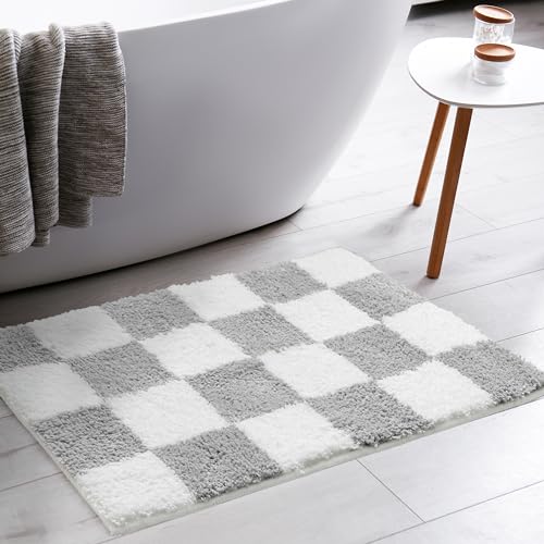 Tititex Luxuriöser grau-weiß karierter Badezimmerteppich, 61 x 91,4 cm, klassisches Schachbrett, extra weich und saugfähig, Mikrofaser, rutschfester Plüsch-Badteppich für Badezimmerboden von Tititex
