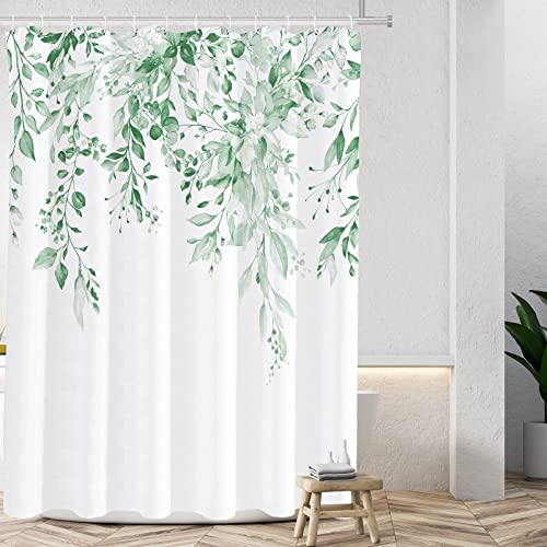 Tititex Mintgrünes Eukalyptus-Duschvorhang-Set, Aquarellblätter auf der Oberseite Pflanze mit Blumen-Badezimmer-Dekoration, 183 x 183 cm, mit Haken von Tititex