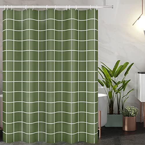 Tititex Net Olive Green Grid Plaid Minimalist Duschvorhang, White Line Einfache Moderne Duschvorhang-Sets Dekoration 180 x 180 cm mit Haken von Tititex