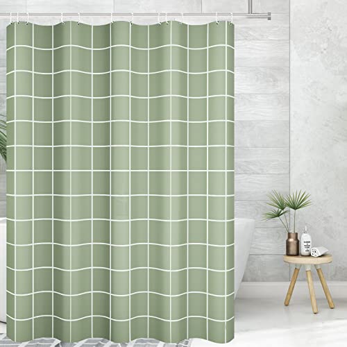 Tititex Net Sage Green Grid Plaid Minimalist Duschvorhang, White Line Einfache Modern Duschvorhang-Sets Dekoration 180 x 180 cm mit Haken von Tititex
