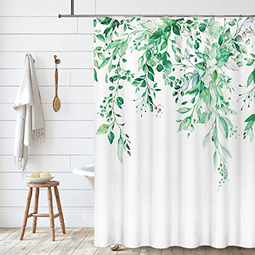 Tititex Smaragdgrüne Eukalyptus-Duschvorhang-Sets, Aquarellblätter auf der Oberseite Pflanze mit Blumen-Badezimmer-Dekoration, 183 x 213 cm mit Haken von Tititex