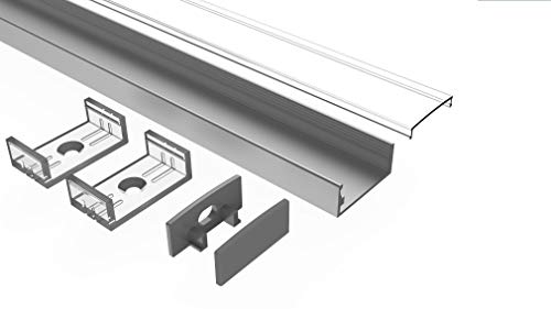 Tivendis Led Alu Profil 2 m AB Komplett Set für Strip/Streifen bis 20 mm breit | Abdeckung transparent klar, Endkappen, Befestigungclips | U-Form Aufputz Deckenleiste Wandprofil eloxiert von Tivendis