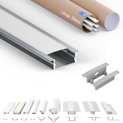 Tivendis Led Alu Profil 2 m EB Komplett Set für Strip/Streifen bis 20 mm breit | Abdeckung satiniert milchig, Endkappen | Einbau Fußleisten Flachprofil eloxiert 10er SET von Tivendis