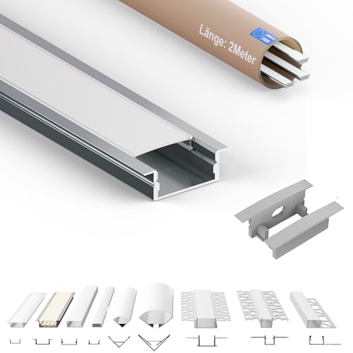 Tivendis Led Alu Profil 2 m EB Komplett Set für Strip/Streifen bis 20 mm breit | Abdeckung satiniert milchig, Endkappen | Einbau Fußleisten Flachprofil eloxiert 3er SET von Tivendis