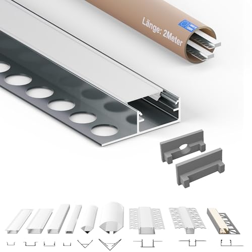 Tivendis Led Alu Profil 2 m F2 mit Zubehör für Strip/Streifen bis 14 mm breit | Abdeckung satiniert milchig | Einbau Abschlussleiste Abschlussprofil Fliesenschiene eloxiert 2er SET von Tivendis