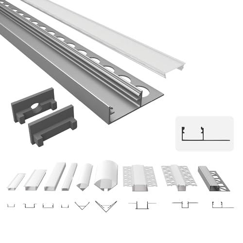 Tivendis Led Alu Profil 2 m F2 mit Zubehör für Strip/Streifen bis 14 mm breit | Abdeckung satiniert milchig | Einbau Abschlussleiste Abschlussprofil Fliesenschiene eloxiert von Tivendis