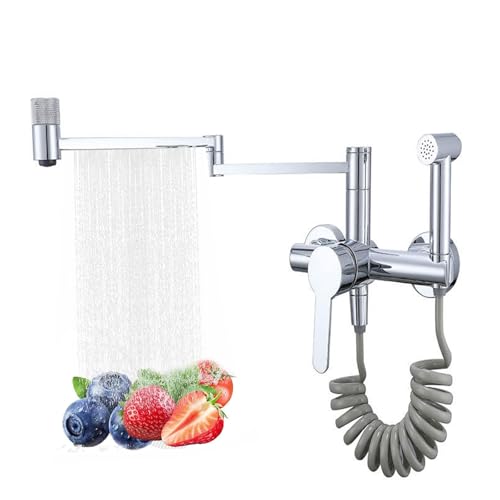 Tivezlor Wandmontage Küchenarmatur mit brause - 3 Modi 360° Drehbar Wasserhahn Küche, Wandmontage Faltbar Einhebelmischer Küchenarmatur Spültischarmatur Messing Wandspülmischer,Chrome von Tivezlor