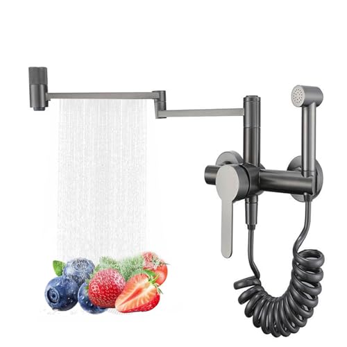 Tivezlor Wandmontage Küchenarmatur mit brause - 3 Modi 360° Drehbar Wasserhahn Küche, Wandmontage Faltbar Einhebelmischer Küchenarmatur Spültischarmatur Messing Wandspülmischer,Gun gray von Tivezlor