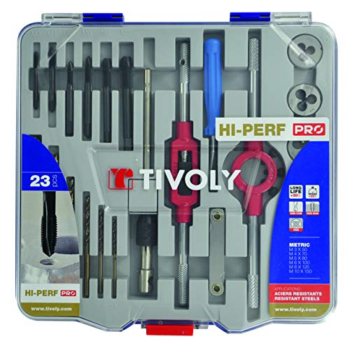 Tivoly 11900870016 MTF23 Koffer 23-teilig 6 Gewindebohrer DIN 352 Gun + 6 Schneideisen 4 Zubehörteile M3 bis M10 + 6 Metallbohrer HSS Kobalt von Tivoly